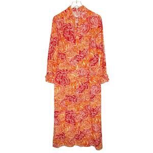 Ala von Auersperg Maxi Eyelet Shirt Dress 10 Orange Pink Rose Floral Semi Sheer